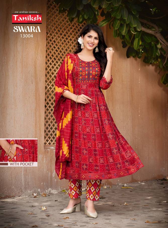 Swara Vol 13 By Taniksh Rayon Printed Embroidery Kurti With Bottom Dupatta Wholesale Online
